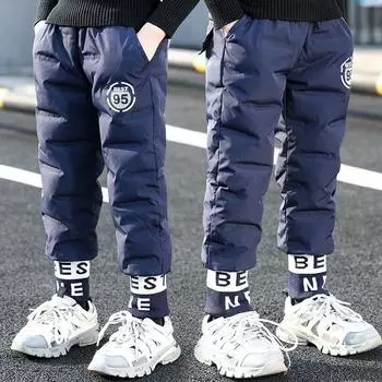 Зимние детские штаны для мальчиков, теплые штаны, уличные штаны с эластичной резинкой на талии и принтом 160 чёрный