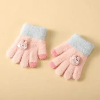 Зимние детские теплые перчатки с плюшевой подкладкой, утолщенные, пятипалые, из детской холодной пряжи, милые перчатки для девочек, утолщенные перчатки