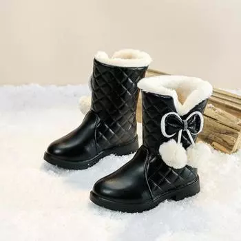 Зимние детские толстые и теплые снежные ботинки для девочек, ботинки-принцессы для девочек-подростков, ботинки средней высоты 27 чёрный