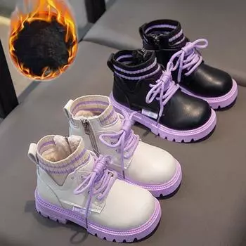 Зимние детские туфли больших размеров из толстого и мягкого хлопка, теплые и модные, с высоким берцем и подошвой в британском стиле, размеры 26-37 26 чёрный