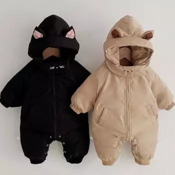 Зимние детские утепленные теплые комбинезоны в корейском стиле с капюшоном и рисунком для милых младенцев с хлопковой подкладкой 100 чёрный