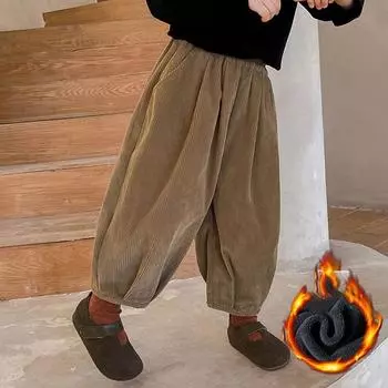 Зимние детские вельветовые брюки с флисовой подкладкой для мальчиков, утепленные брюки-фонарики, свободные шаровары в корейском стиле для девочек 140 серый