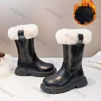 Зимние детские высокие сапоги, плюшевые, теплые, нескользящие, удобные, водонепроницаемые, устойчивые к холоду, модные сапоги для девочек 7-13 лет 27inner15.9cm чёрный