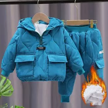 Зимние детские зимние комплекты одежды из хлопка для детей мальчиков и девочек с капюшоном теплые хлопковые бархатные пуловеры пальто верхняя одежда и штаны комплект из двух предметов зимние комбинезоны 130cm красный