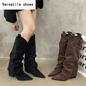 Зимние дизайнерские женские сапоги до колена, модные заостренные носки, длинные ботильоны, дизайнерские толстые каблуки, Botas De Mujer 35