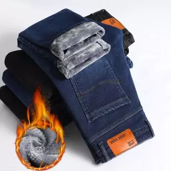 Зимние длинные брюки Мужские джинсы Флисовые свободные прямые повседневные деловые джинсы 40