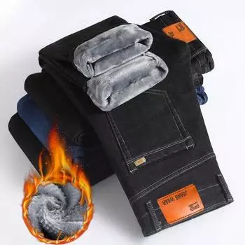 Зимние длинные брюки Мужские джинсы Флисовые свободные прямые повседневные деловые джинсы 40