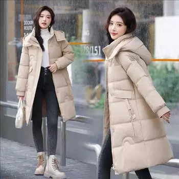 Зимние длинные пальто для женщин, пальто с капюшоном, новая модная толстая теплая женская парка в корейском стиле, зимняя хлопковая куртка L дубильная кора