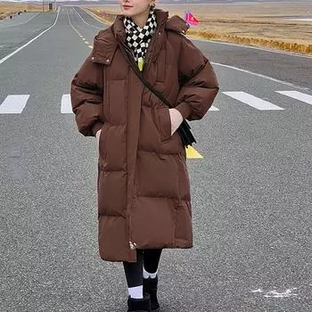 Зимние длинные парки до колена с капюшоном, пальто с хлопковой подкладкой, теплая однотонная корейская толстая зимняя одежда, стеганые пушистые куртки оверсайз L хаки
