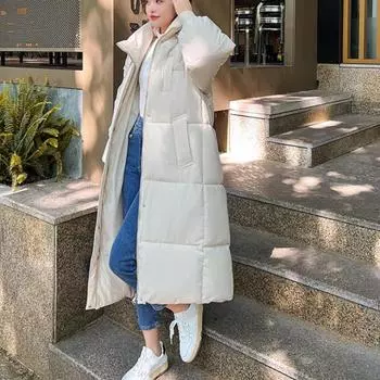 Зимние длинные парки до колена с капюшоном, пальто с хлопковой подкладкой, теплая однотонная корейская толстая зимняя одежда, стеганые пушистые куртки оверсайз M белый