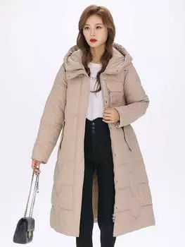 Зимние длинные парки женские с капюшоном, элегантные, модные, свободные, толстые, теплые, больших размеров, женские куртки с поясом L коричневый