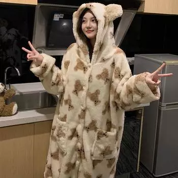 Зимние длинные рукава с капюшоном толстые теплые фланелевые кимоно халаты для женщин сексуальный медведь милый халаты пижамы ночная рубашка ночная рубашка M