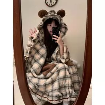 Зимние длинные рукава с капюшоном толстые теплые халаты-кимоно для женщин сексуальные милые халаты с медведем пижамы ночная рубашка ночная рубашка M
