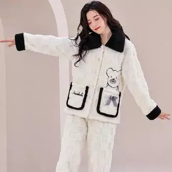 Зимние длинные рукава толстые теплые фланелевые пижамные комплекты для женщин коралловый бархатный кардиган пижамы костюм пижамы домашняя одежда роскошная одежда M