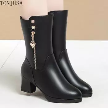 Зимние длинные сапоги, кожаные сапоги, женские осенние и зимние плюшевые сапоги, короткие сапоги на мягкой подошве, кожаная обувь на среднем каблуке 35