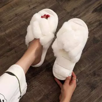 Зимние домашние хлопковые женские тапочки, однотонные плюшевые пушистые шлепанцы, модные теплые тапочки на плоской подошве из фланели с перекрестными узорами 36-37 белый