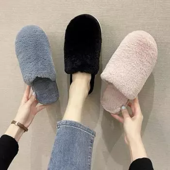 Зимние домашние меховые мюли женские однотонные плоские хлопковые тапочки с круглым носком домашние меховые туфли женские закрытые носки теплые плюшевые тапочки женские 36-37 бежевый