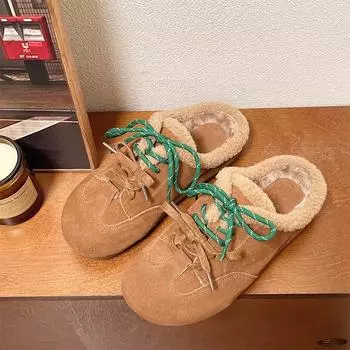 Зимние домашние мюли на плоской подошве, женские тапочки с открытой пяткой, двухцветные шлепанцы на шнуровке, модные короткие плюшевые теплые женские уютные хлопковые тапочки 35 бежевый