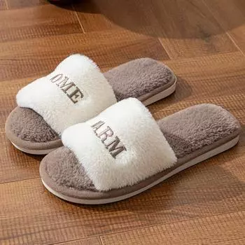 Зимние домашние плюшевые теплые хлопковые тапочки с вышивкой на мягкой подошве 36-37 белый