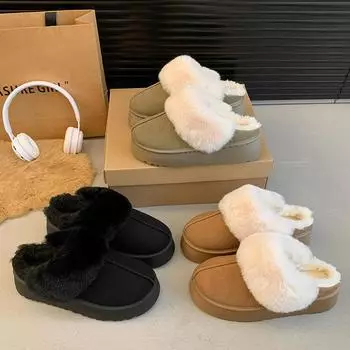 Зимние домашние тапочки для женщин, пушистые тапочки из искусственной замши с подкладкой из искусственного меха, обувь для ходьбы в помещении и на открытом воздухе, удобная женская обувь на толстой платформе 35
