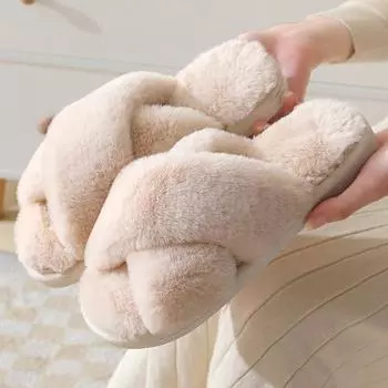 Зимние домашние тапочки из меха для женщин, модные утолщенные плюшевые тапочки с перекрестными ремешками, женские легкие теплые домашние тапочки из искусственного меха с мягкой подошвой 36-37 чёрный