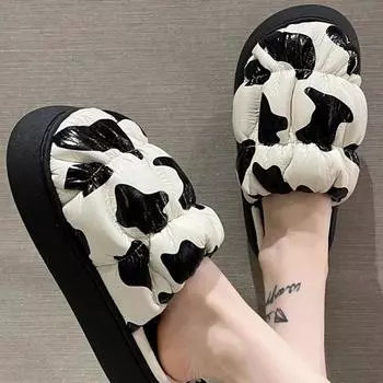 Зимние домашние женские тапочки с рисунком коровы, черные, белые, на толстой подошве, из искусственной кожи, на платформе, для дома, с рисунком, для женщин, для улицы 36-37 зебра