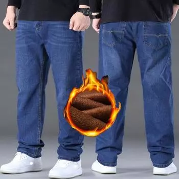 Зимние джинсы 2024 года, размер 28-50, новые плюшевые утолщенные/обычные прямые мужские эластичные повседневные теплые джинсы 28
