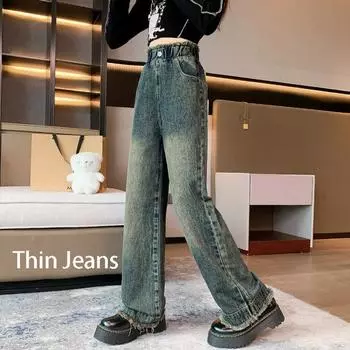 Зимние джинсы для девочек, флисовые, толстые, теплые, свободные, широкие брюки для детей, повседневные, универсальные, модные, подростковые, школьные, детские брюки 150