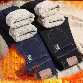 Зимние джинсы из овечьей шерсти и флиса с толстым утеплителем, свободные прямые повседневные эластичные деловые мужские брюки 28