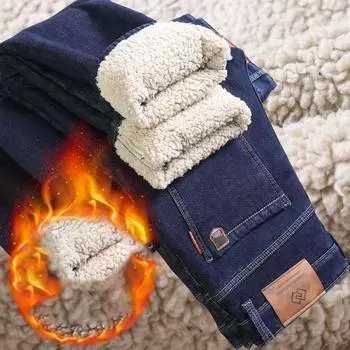 Зимние джинсы из овечьей шерсти и флиса с толстым утеплителем, свободные прямые повседневные эластичные деловые мужские брюки 30