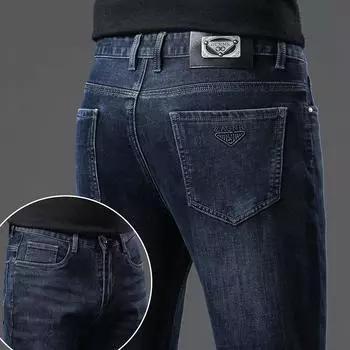 Зимние джинсы из плотного денима высокого качества 2024 года с цветными полосками и эластичным низом, прямые повседневные мужские джинсовые брюки 32