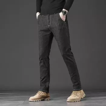 Зимние джинсы мужские модные эластичные облегающие прямые универсальные повседневные брюки 2024Новые мужские длинные брюки 28 чёрный