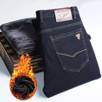 Зимние джинсы мужские утепленные и утолщенные свободные прямые повседневные эластичные брюки мужские эластичные супермягкие бархатные теплые брюки 29