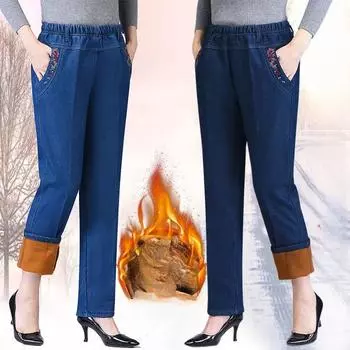 Зимние джинсы Plus Velvet, брюки Mother, женские брюки с высокой талией, свободные прямые брюки, утолщенные брюки для женщин среднего и пожилого возраста 5XL чёрный