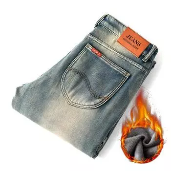 Зимние джинсы с подкладкой, мужские прямые свободные трендовые тонкие молодежные повседневные брюки, мужские брюки в стиле ретро 30