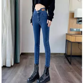 Зимние джинсы с высокой талией и пуговицами, тонкие женские флисовые обтягивающие эластичные утолщенные теплые бархатные женские брюки-карандаш, джинсовые брюки XS