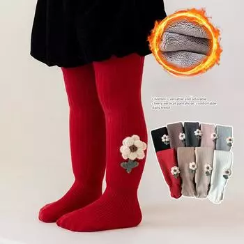 Зимние флисовые детские леггинсы для девочек, толстые теплые колготки принцессы с цветочным принтом для детей, мягкие уютные новогодние рождественские колготки для младенцев S(open gear) 70-80CM коричневый