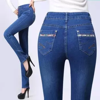 Зимние флисовые джинсы женские теплые джинсовые узкие брюки модные толстые брюки с высокой талией уличные брюки 34