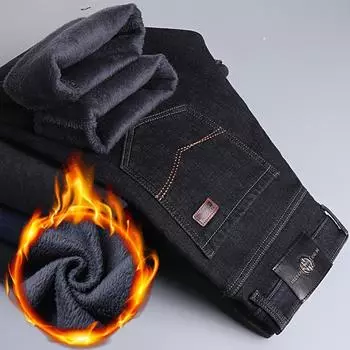 Зимние флисовые мужские джинсы прямые свободные брюки среднего возраста мужские деловые брюки 33 чёрный