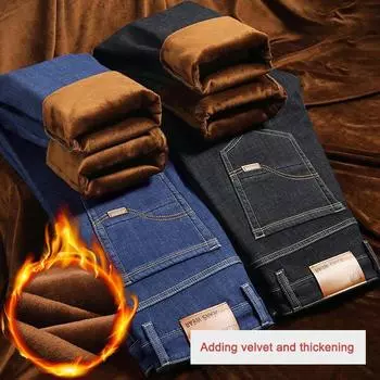 Зимние флисовые мужские джинсы свободные прямые повседневные универсальные рабочие мужские толстые теплые эластичные брюки модные джинсы 28