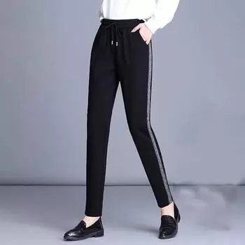 Зимние флисовые плюшевые брюки-карандаш из овечьей шерсти, термобелье для офиса, женские толстые черные с золотой отделкой, длинные брюки, женская одежда S