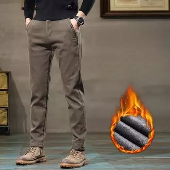 Зимние флисовые теплые брюки мужские деловые облегающие эластичные утолщенные серые хаки пушистые повседневные модные брюки мужские 40 чёрный