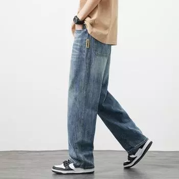 Зимние флисовые теплые хлопковые джинсы мужские свободные широкие брюки с эластичной талией корейские бархатные флокированные брюки для отдыха на открытом воздухе 27 темно-синий