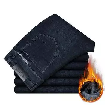 Зимние флисовые теплые мужские джинсы Брюки Деловые повседневные свободные джинсовые брюки больших размеров 52