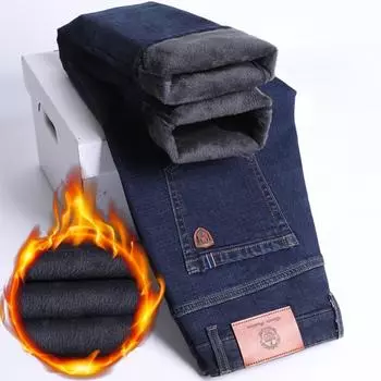 Зимние флисовые толстые джинсы мужские деловые повседневные прямые брюки мужские классические синие черные джинсы для мужчин рабочие джинсовые мужские брюки 29