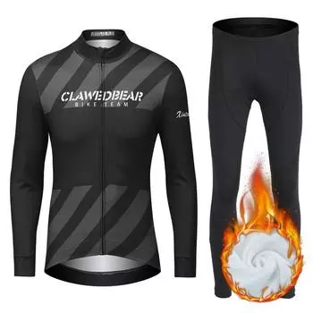 Зимние флисовые трикотажные изделия для езды на велосипеде, комплект одежды для велоспорта, сохраняющий тепло, мужской велосипедный костюм с длинным рукавом S чёрный