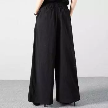 Зимние флисовые утолщенные брюки из хлопка и льна 2024 года, женские свободные брюки большого размера с широкими штанинами, универсальные брюки с высокой талией, прямые брюки M чёрный