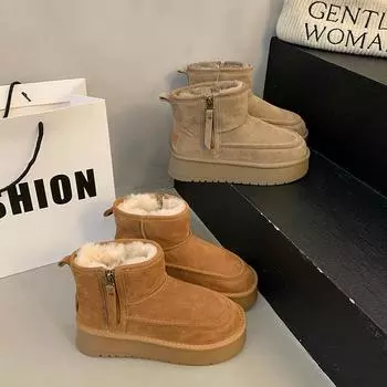 Зимние хлопковые ботинки женские нескользящие, с увеличенным голенищем 5 см, модные, с круглой головкой, с застежкой-молнией, утолщенные, теплые, короткие, хлопковые ботинки женские универсальные 35