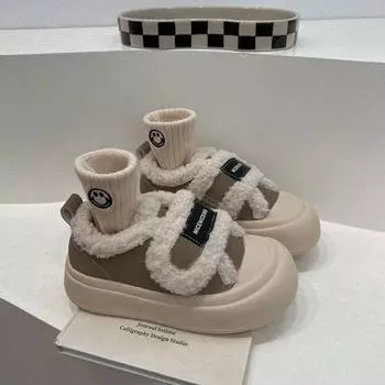 Зимние хлопковые мокасины для девочек 2024 года: Теплые, нескользящие, модные туфли на бархатной подкладке size 23 бежевый