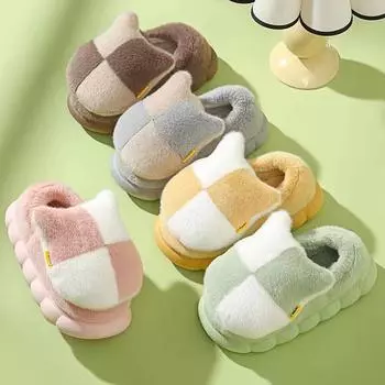 Зимние хлопковые тапочки из кроличьего меха для пар, женские домашние тапочки для дома, с толстым дном, в шахматном порядке, утолщенные, удобные, теплые, пушистые, мужские тапочки 36-37 жёлтый